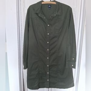 Lee Long Sleeve Olive Green Button-Down Front Denim Midi Shirt Dress